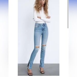 ZARA High Rise Slim Fit Split Hem Blown Knee Distressed Jeans Light Wash Blue